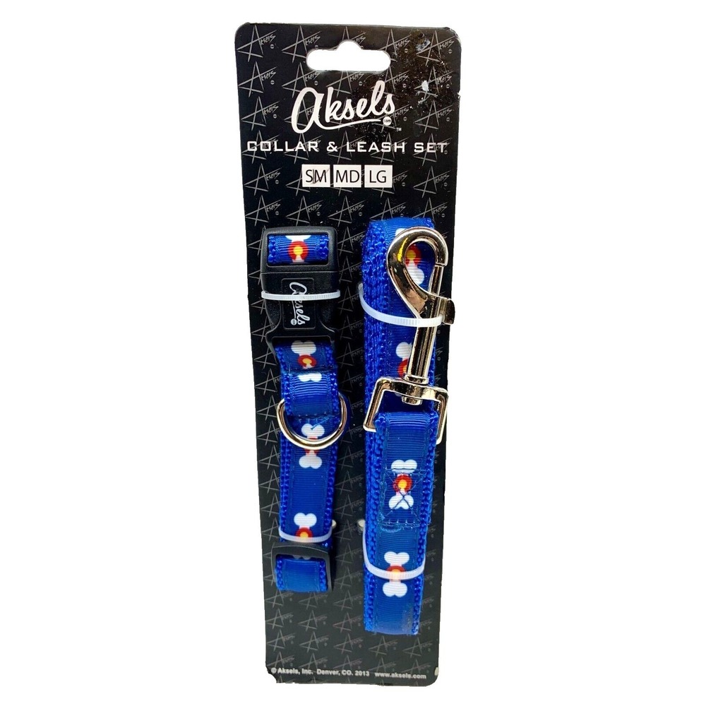 AKSELS Collar‎ & Leash Combo Set 4 Small Dogs Blue with Little White Bone Prints